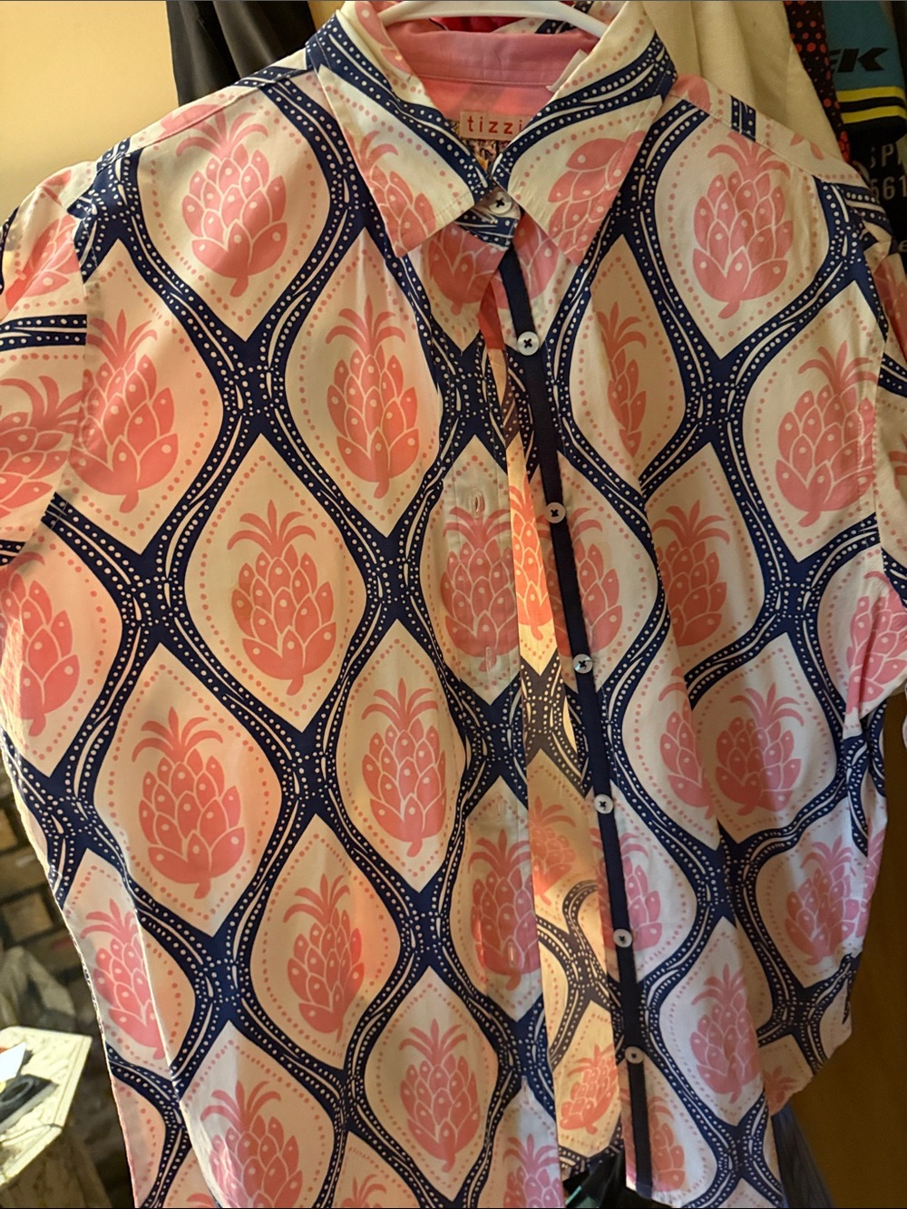 Tizzi Women's Pink & Navy Printed Button-Up Blouse